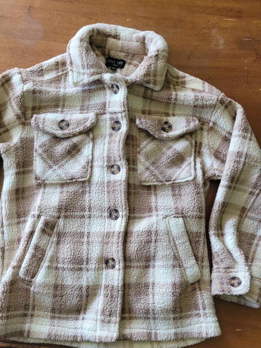 Love Tree Cream Tan Plaid Oversized Sherpa Button Up Shacket
